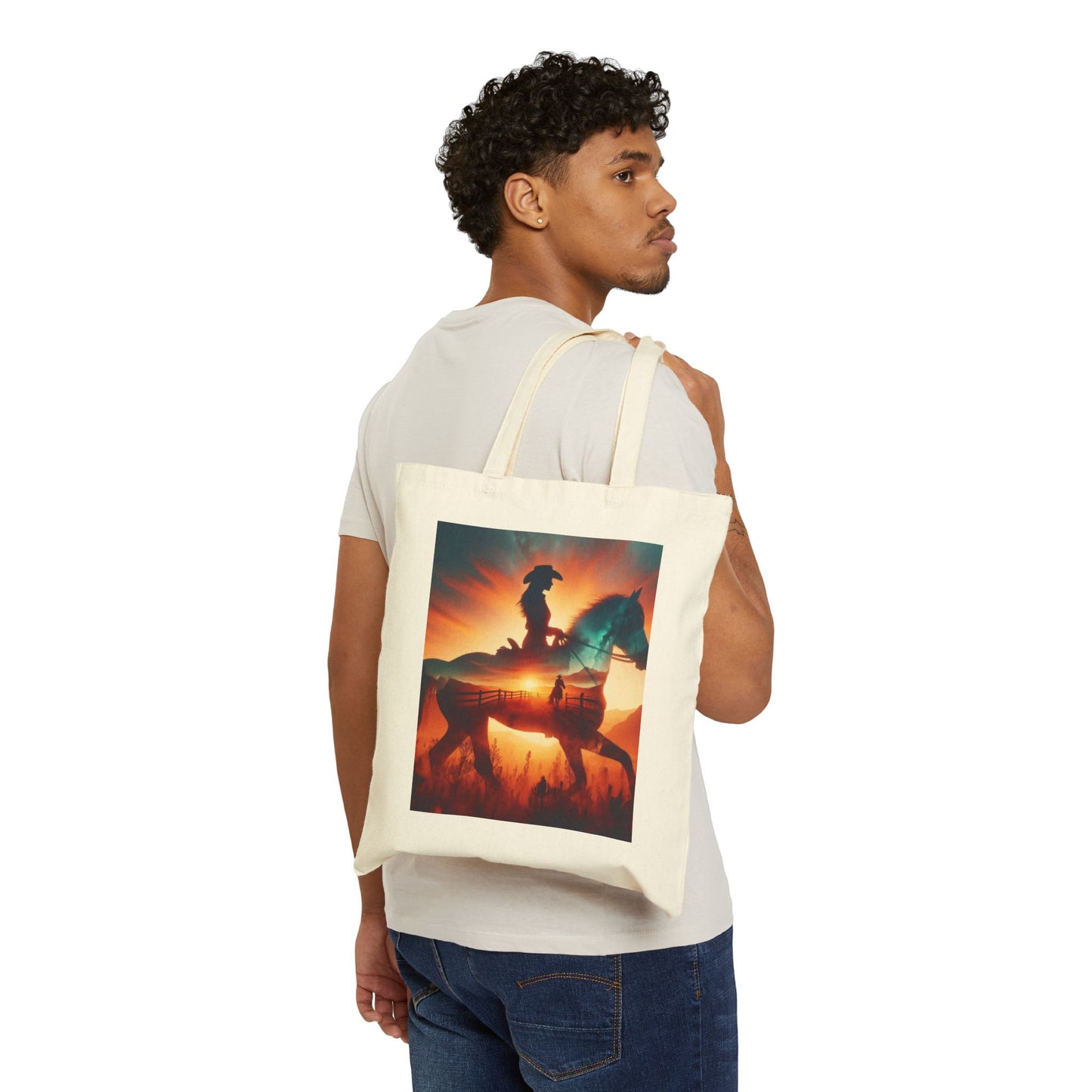 Minimal Desert Sunset tote bag by Printify featuring cowboy chic Western décor with a sunset desert landscape design.