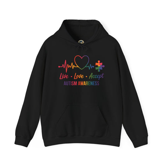 Autism Awareness Hoodie — "Live, Love, Accept" Heartbeat Puzzle-Rainbow - Ramshackle Shack