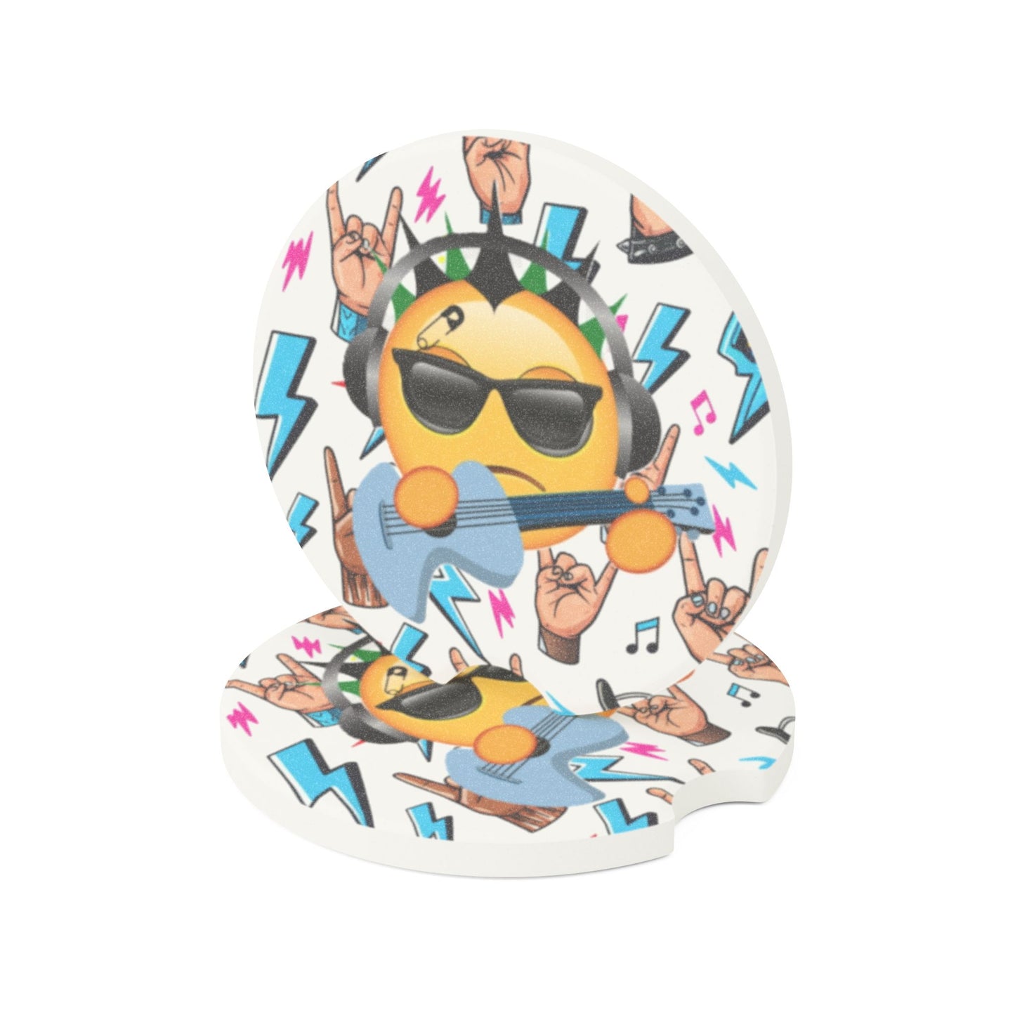 Rock Emoji Absorbent Car Coasters — Rock and Roll Gifts for Guitar Lovers | Soapstone Cup Holder Insert for Music Themed Car Decor - Ramshackle Shack