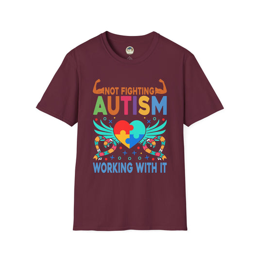 Autism Awareness T-Shirt — "Not Fighting Autism, Working With It" Puzzle Ribbon Tee - Ramshackle Shack