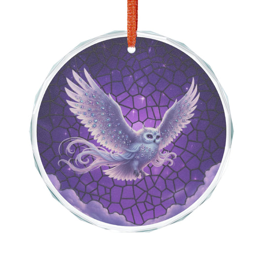 Colorful stained glass fantasy owl suncatcher ornament hanging as a home decor decoration with vibrant glass pieces.