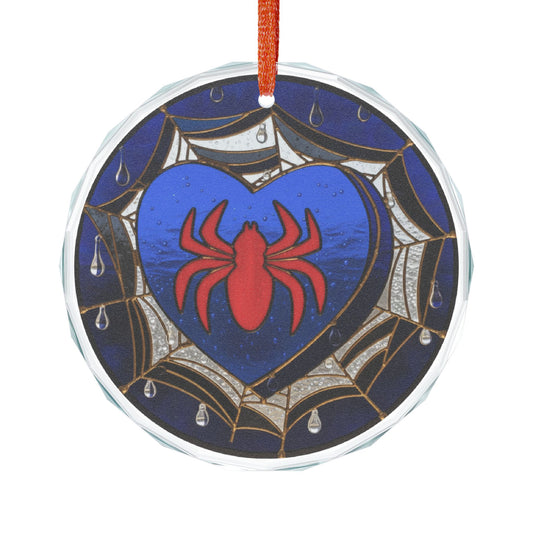 Spider Heart stained glass suncatcher ornament with Spiderman-inspired web and heart design for home decor.