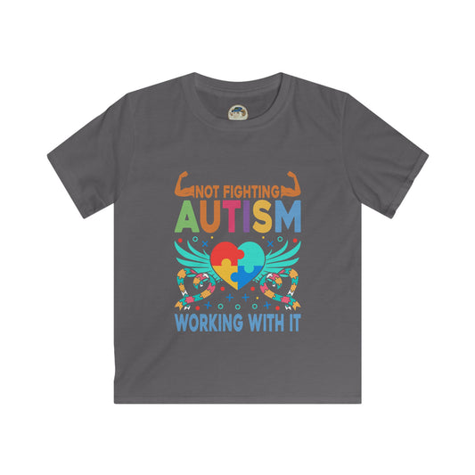 Kids Autism Awareness T-Shirt — "Not Fighting Autism, Working With It" Puzzle Ribbon Tee - Ramshackle Shack
