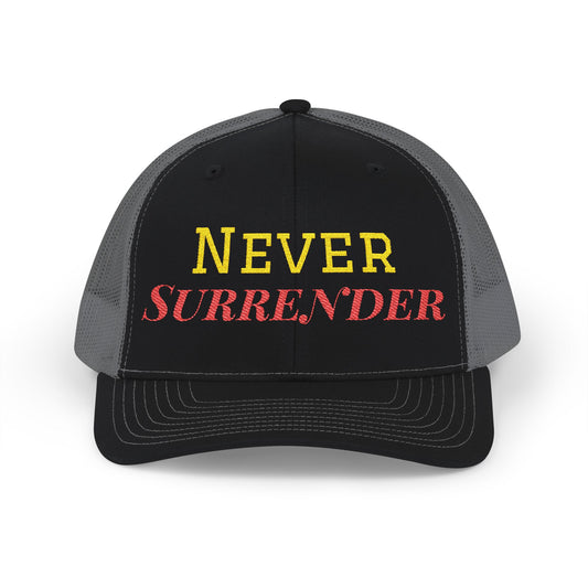 Printify Never Surrender snapback trucker cap with adjustable mesh back and bold front logo, stylish and comfortable hats.