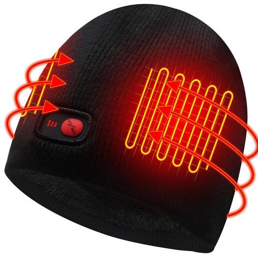 Rechargeable black heated beanie hat by GEMSTONEGO, designed for warmth during winter outdoor activities for men and women.