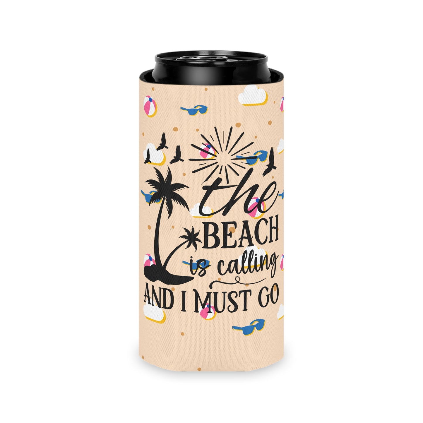 Can Cooler — “The Beach Is Calling, I Must Go” Tropical Palm & Sunglasses Design - Ramshackle Shack