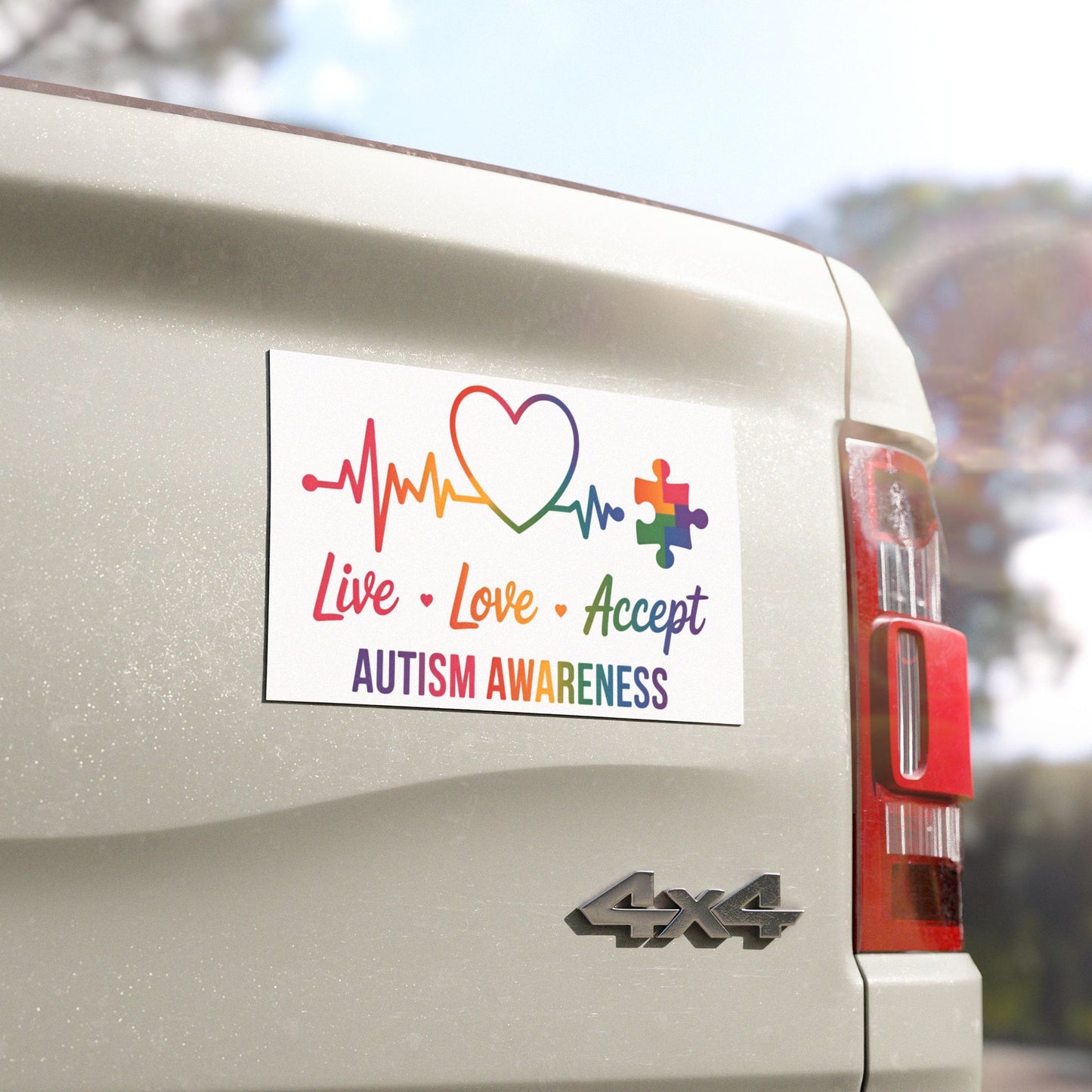 Autism awareness car magnet with rainbow puzzle heart and "Live Love Accept" message, designed for home decor and awareness support.