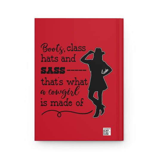 Hardcover Cowgirl Journal with boots, hats, and sass design, featuring a rustic cover and lined pages for note-taking.