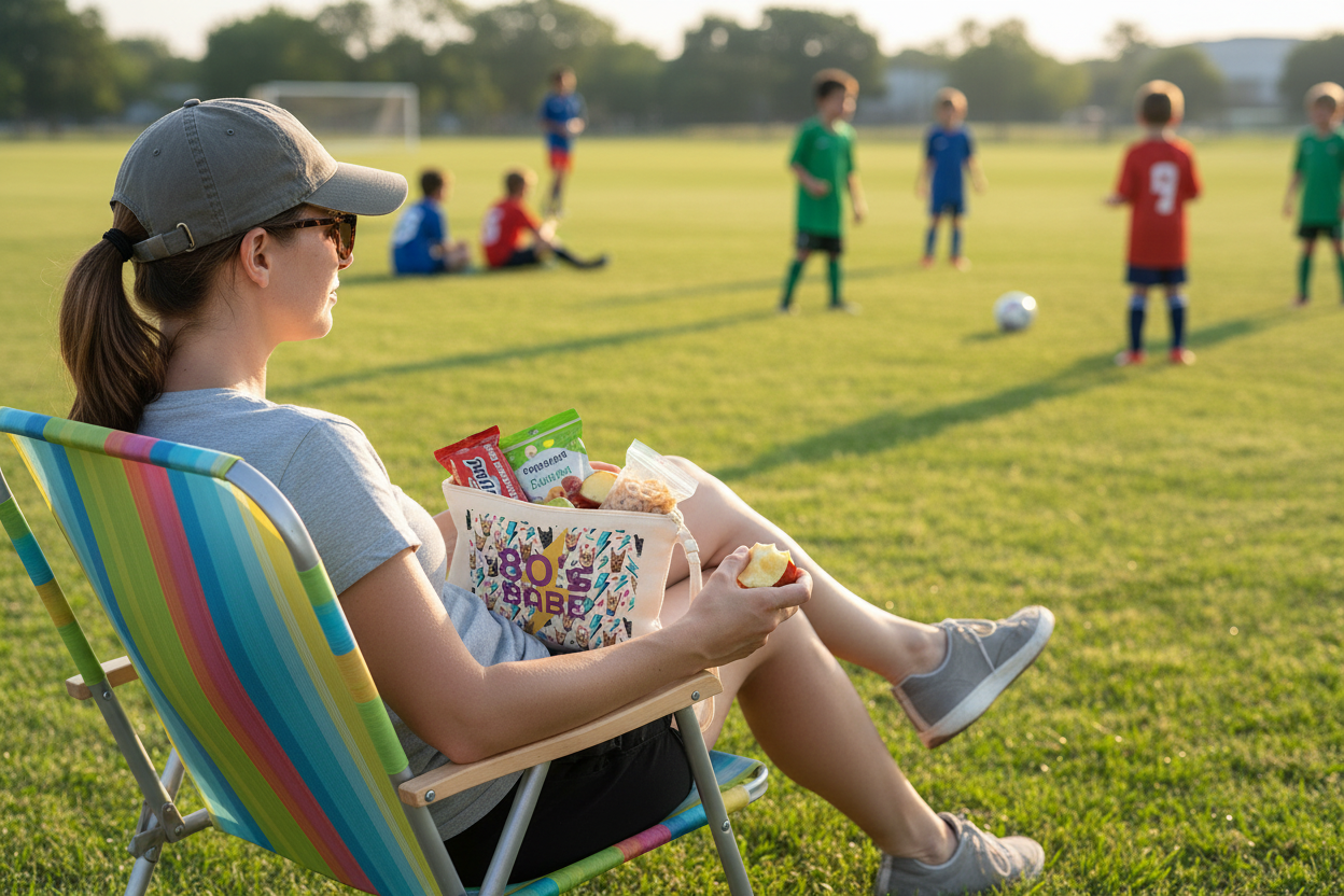 Soccer mom with cosmetic bag in lawn chair on sidelines