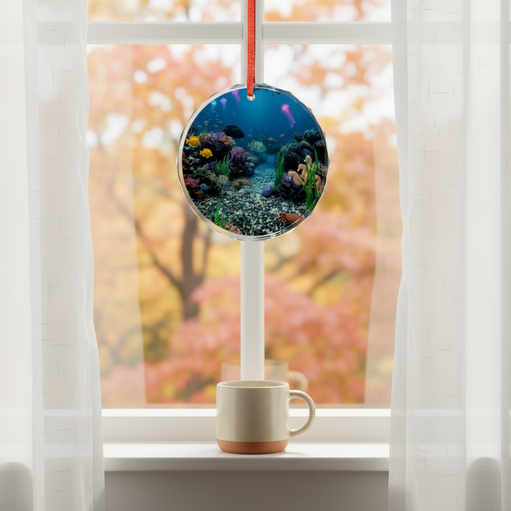 Ocean suncatcher hanging in home window with soft natural light