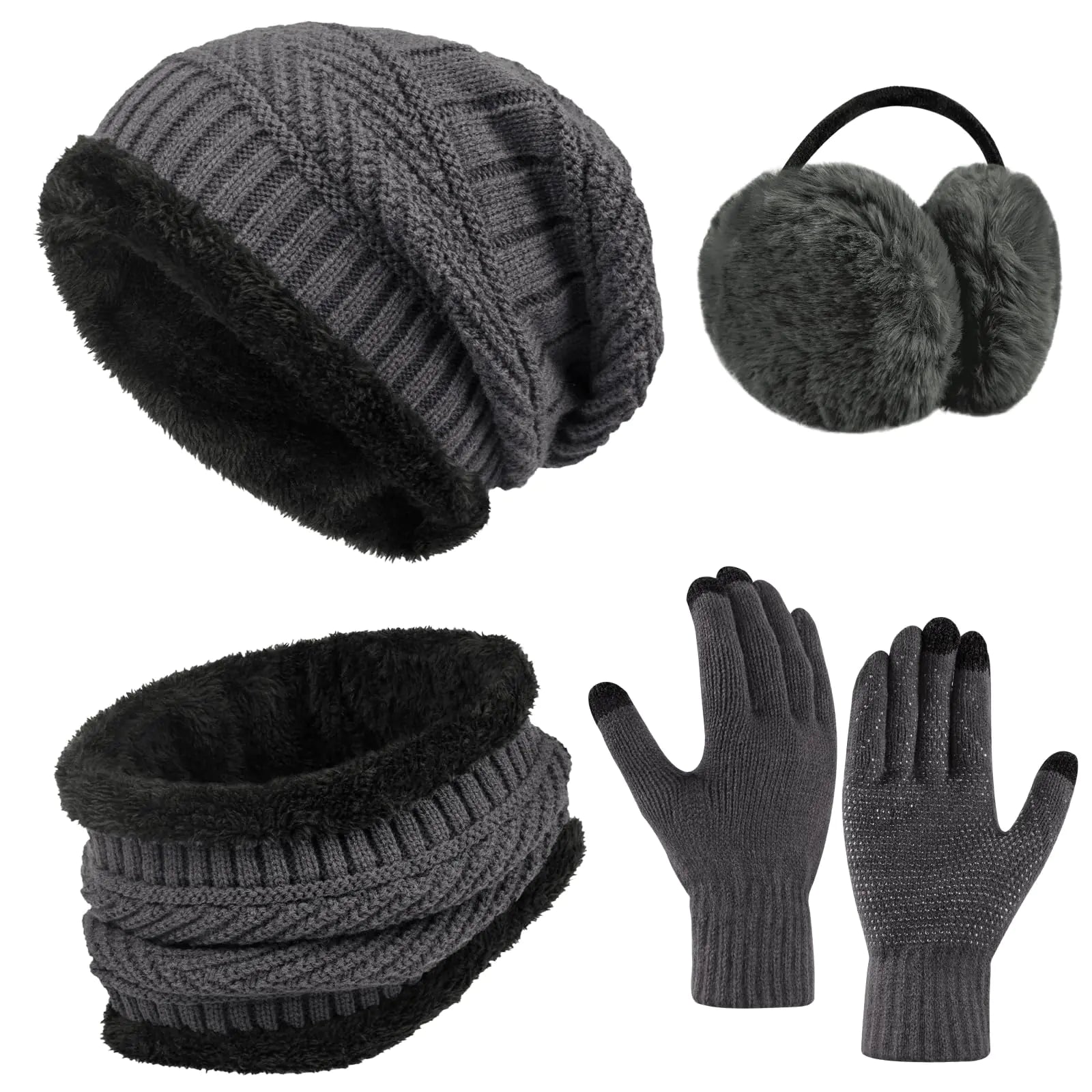 4-Pieces Warm Winter Beanie Hat Scarf Set Thick Knit Hat Beanie Skull Caps Scarfs for Women Men(Gray one Size) - Ramshackle Shack