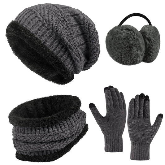 4-Pieces Warm Winter Beanie Hat Scarf Set Thick Knit Hat Beanie Skull Caps Scarfs for Women Men(Gray one Size) - Ramshackle Shack