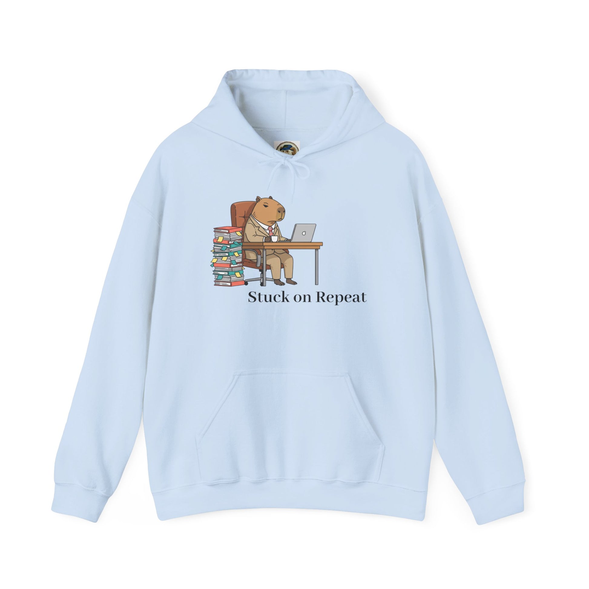 Capybara in Suit 'Stuck on Repeat' hoodie featuring a printed capybara graphic on a comfortable hoodie by Printify.