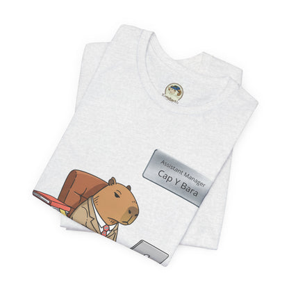 Capybara in suit desk tee featuring "Stuck on Repeat" personalized nameplate, casual graphic T-shirt by Printify.