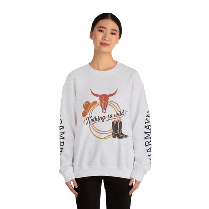 Nothing So Wild personalized Western rider crewneck sweatshirt with photo print and custom sleeve name, made by Printify.