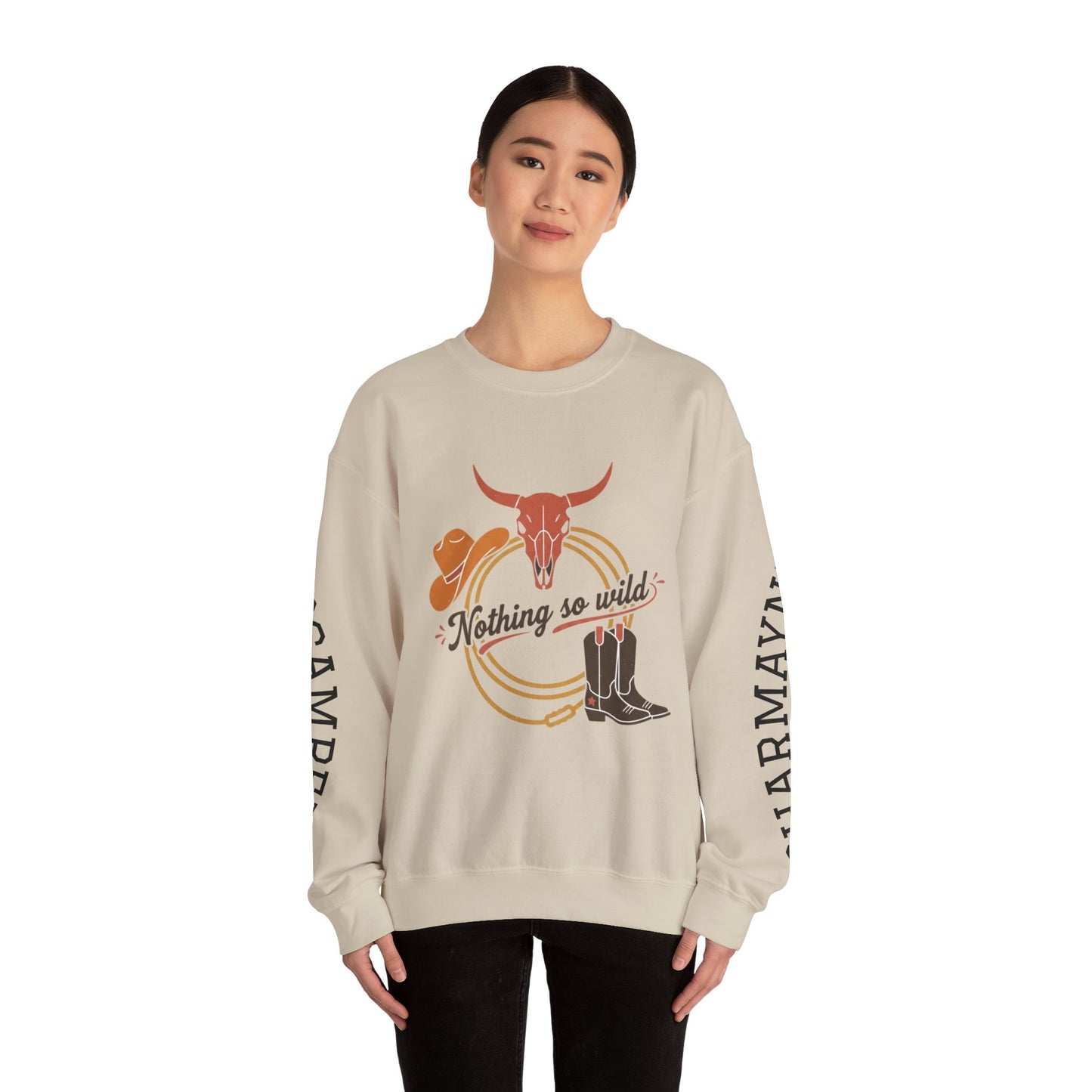 Nothing So Wild personalized Western rider crewneck sweatshirt with photo print and sleeve name, casual and comfortable apparel.