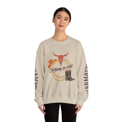 Nothing So Wild personalized Western rider crewneck sweatshirt with photo print and sleeve name, casual and comfortable apparel.