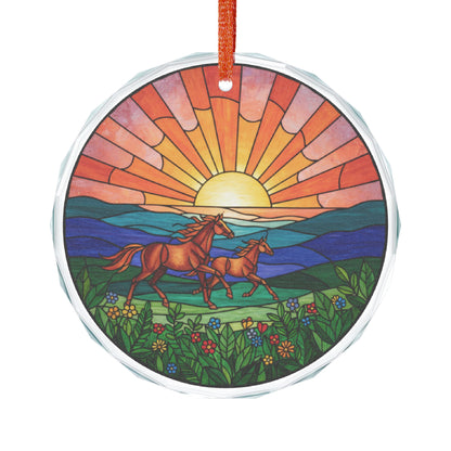 Stained glass mare and foal sunset ornament, vibrant home decor piece with colorful horse and foal design.