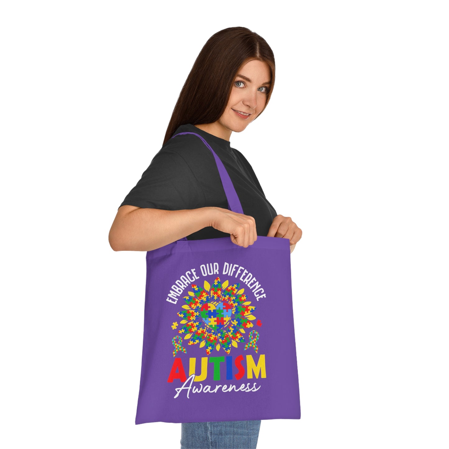Autism Awareness Cotton Tote — "Embrace Our Difference" Puzzle Ribbon Design - Ramshackle Shack