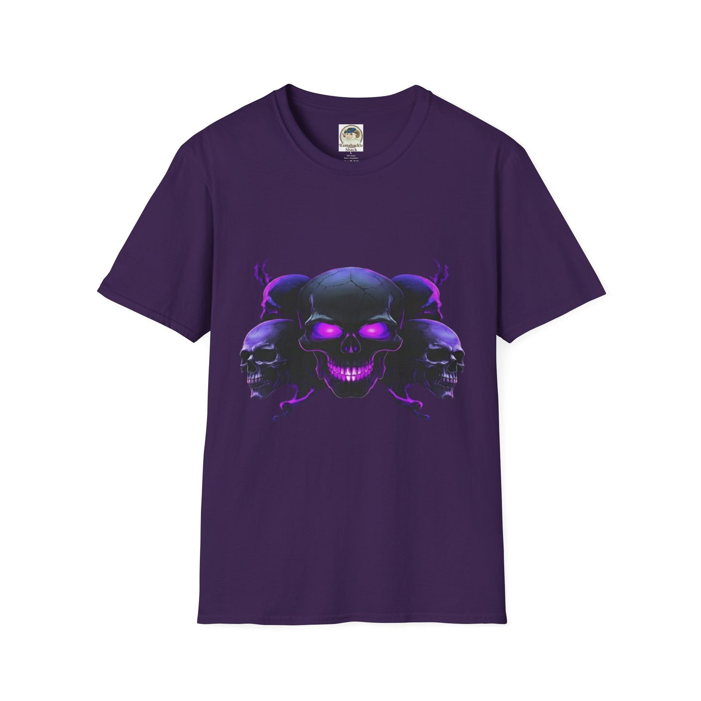 Skull Trio Graphic TShirt  Neon Purple Gothic Skull Design - Ramshackle Shack
