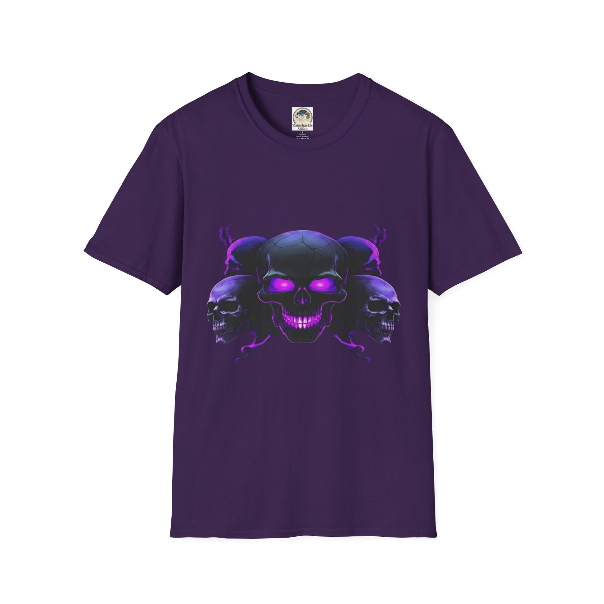Skull Trio Graphic TShirt  Neon Purple Gothic Skull Design - Ramshackle Shack