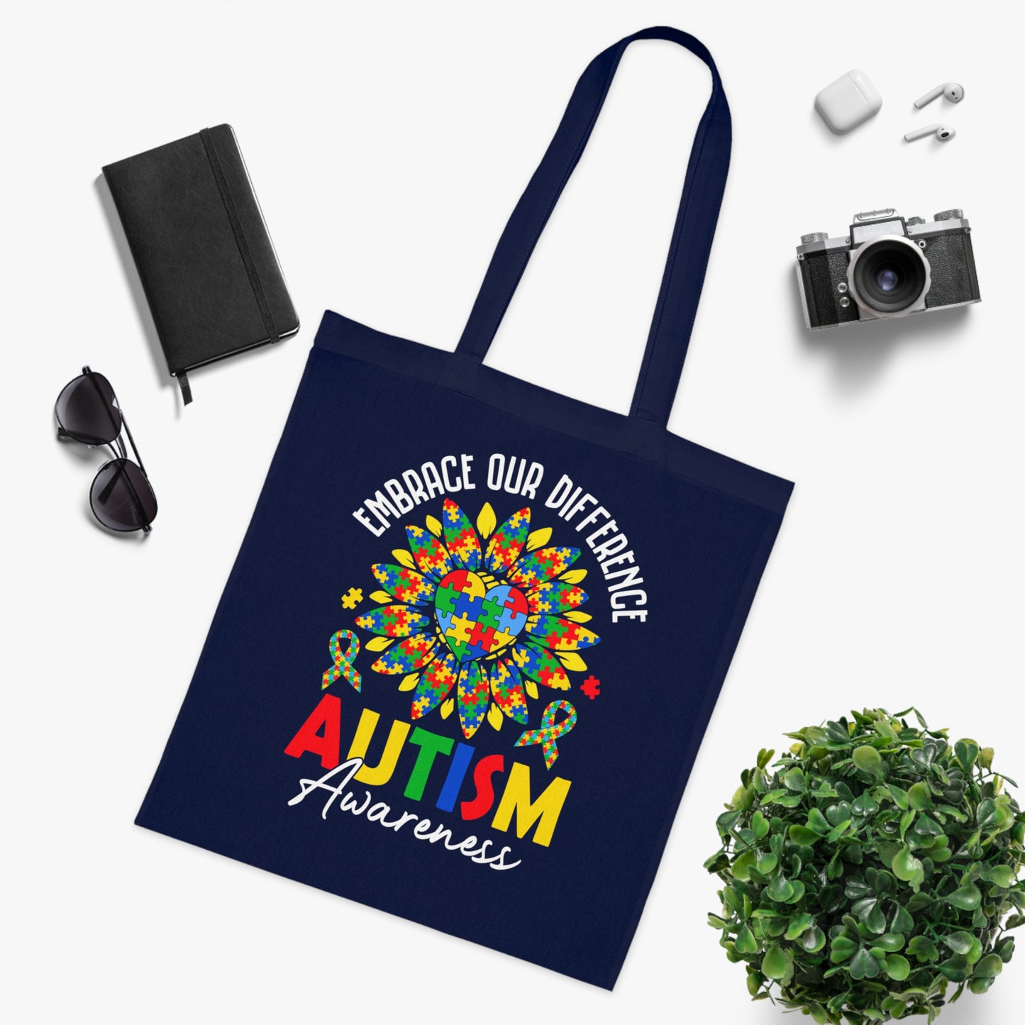 Autism Awareness Cotton Tote — "Embrace Our Difference" Puzzle Ribbon Design - Ramshackle Shack