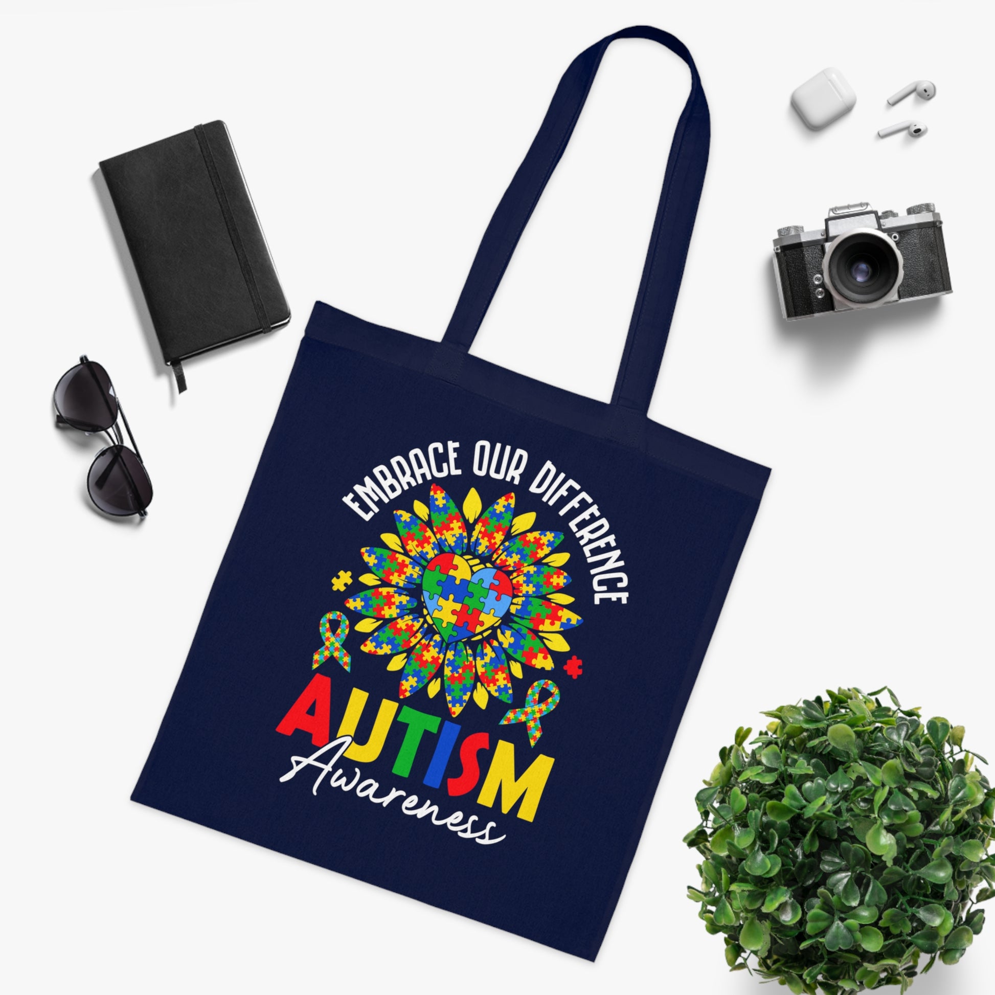 Autism Awareness Cotton Tote — "Embrace Our Difference" Puzzle Ribbon Design - Ramshackle Shack