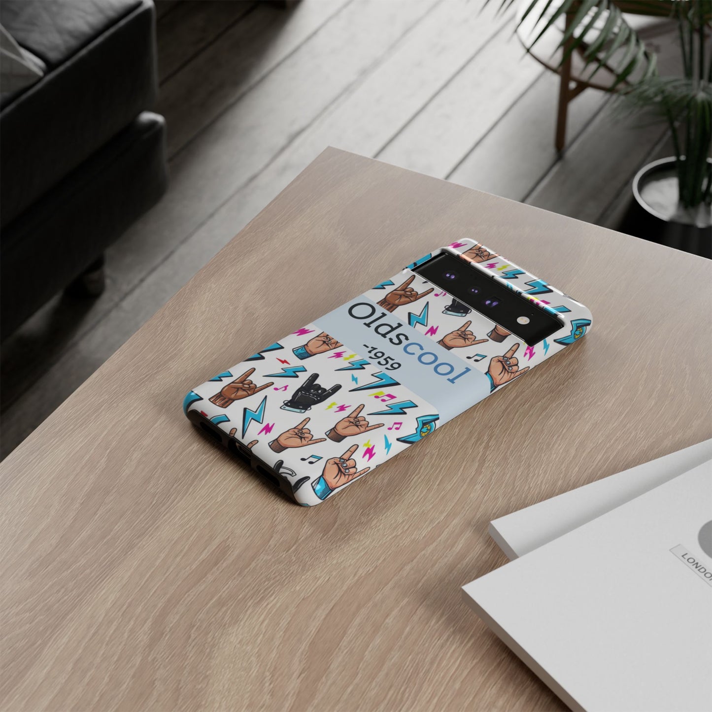 Retro Rock 'Oldscool 1959' Phone Case – Lightning & Rock Hand Pattern - Ramshackle Shack
