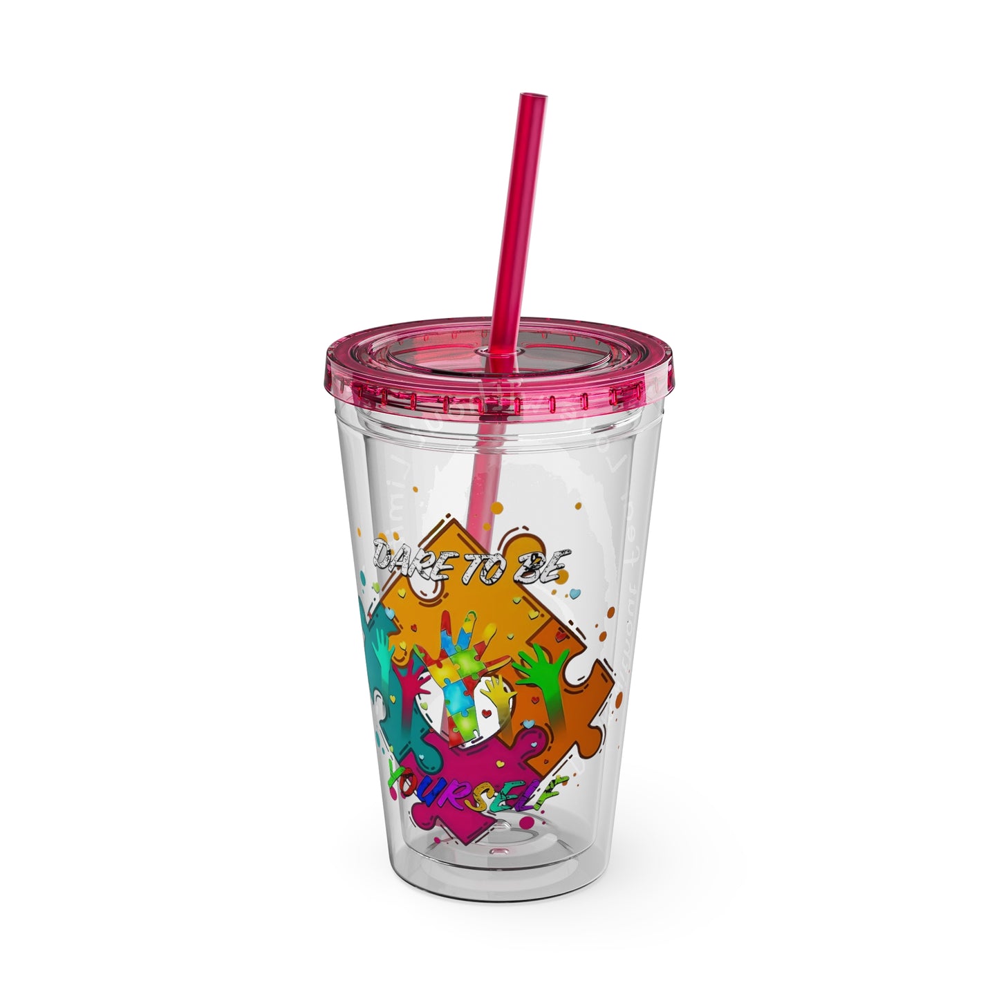 16oz Printify Sunsplash tumbler with straw featuring watercolor elephant and paint-splatter puzzle designs.