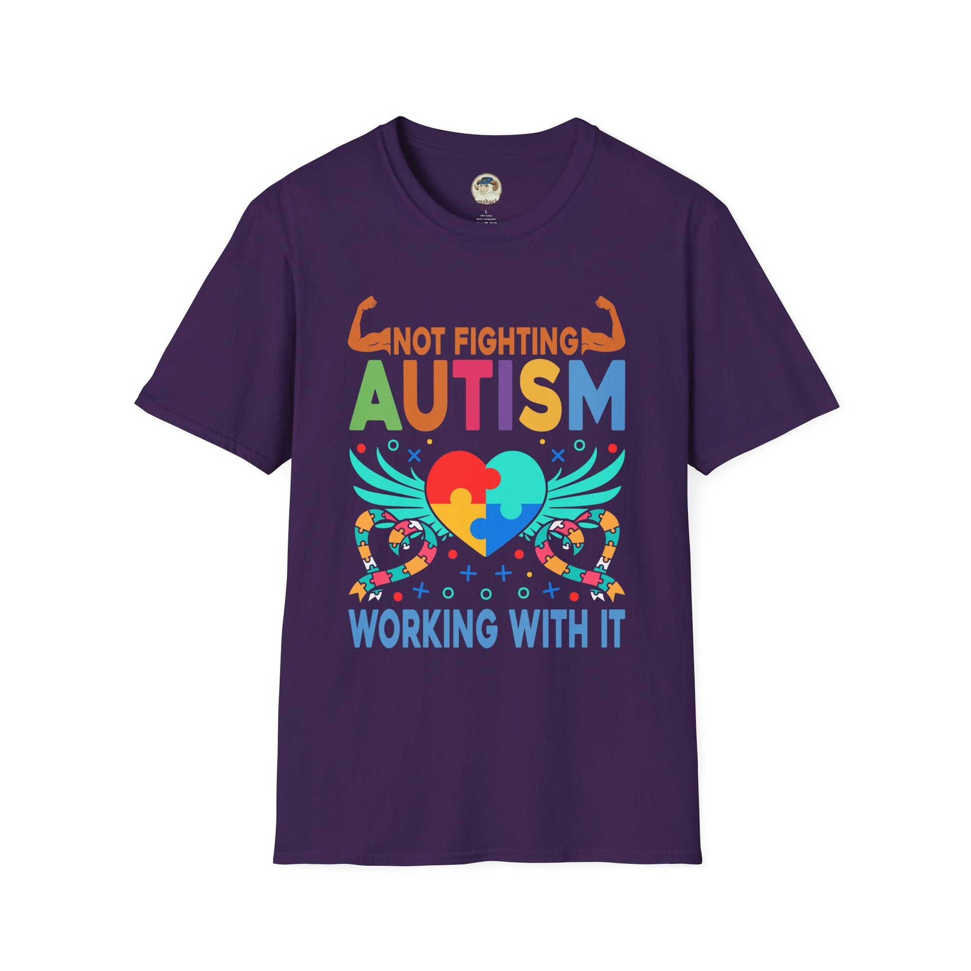 Autism Awareness T-Shirt — "Not Fighting Autism, Working With It" Puzzle Ribbon Tee - Ramshackle Shack
