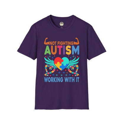 Autism Awareness T-Shirt — "Not Fighting Autism, Working With It" Puzzle Ribbon Tee - Ramshackle Shack