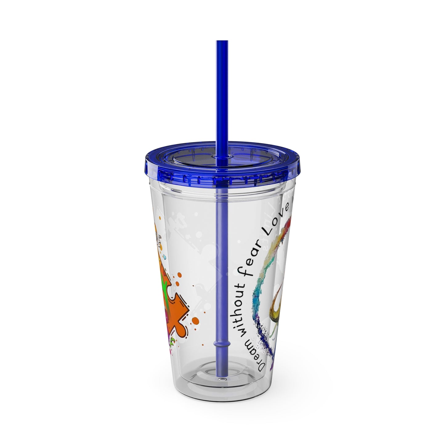 16oz Printify Sunsplash Tumbler with straw, featuring watercolor elephant design and paint-splatter puzzle pattern.