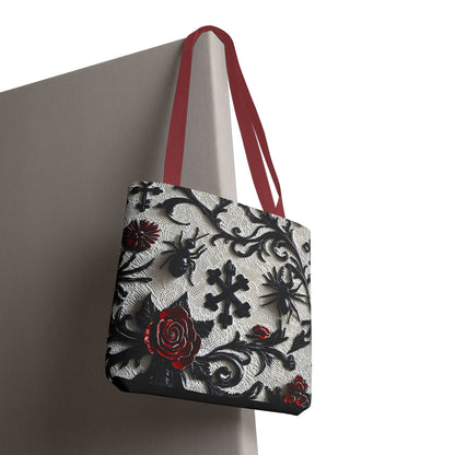 Gothic filigree tote bag with ornate dark floral all-over print, featuring intricate design and sturdy handles.