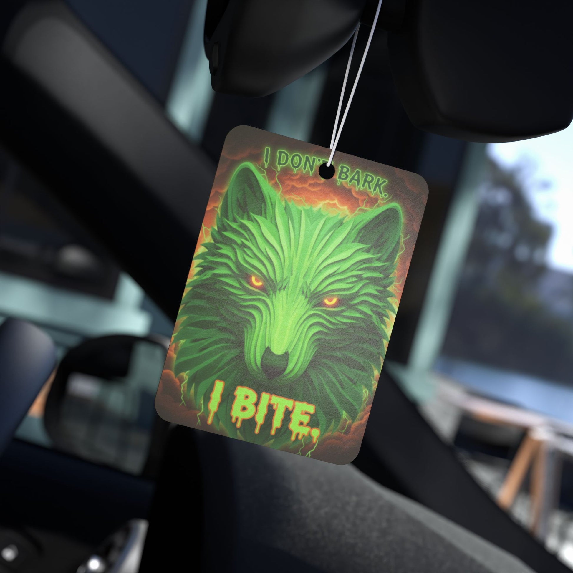 Neon wolf air freshener with "I Don't Bark I Bite" text, hanging accessory for car interior, by Printify.