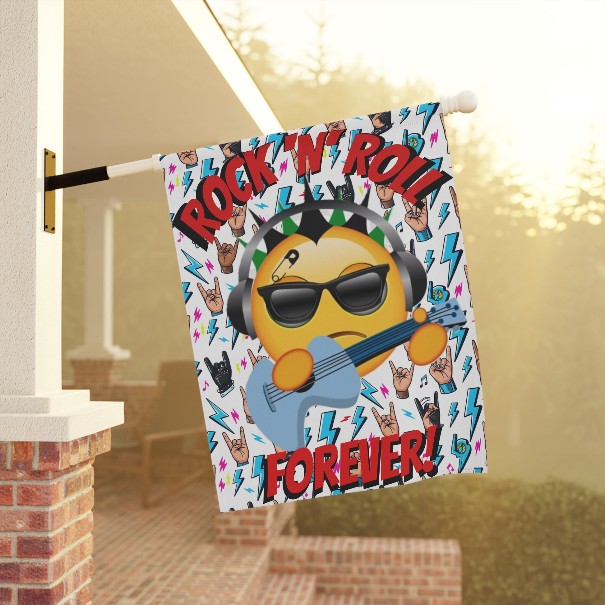 Rock 'N' Roll Forever Garden Flag — Emoji Guitarist Garden Banner - Ramshackle Shack