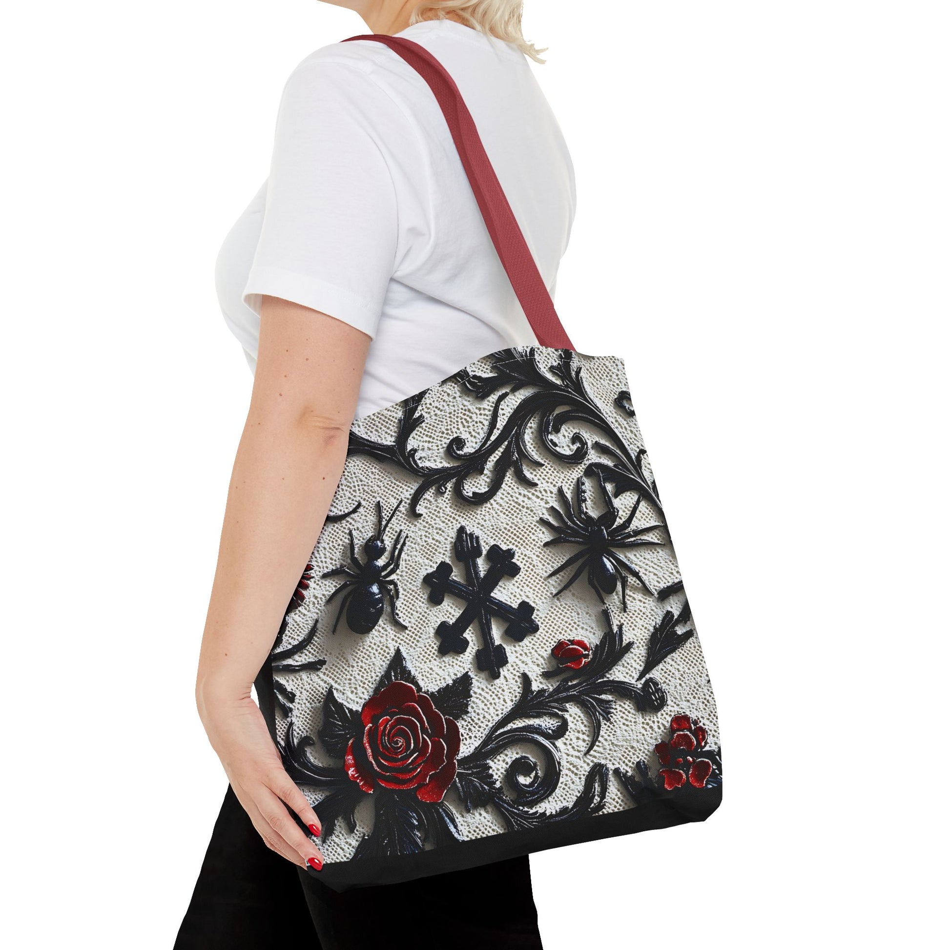 Gothic filigree tote bag with ornate dark floral all-over print, featuring intricate design and sturdy handles.