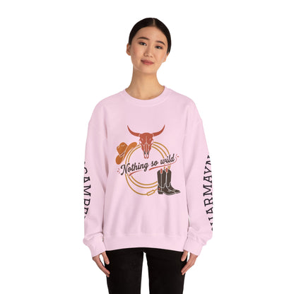Nothing So Wild personalized Western rider crewneck sweatshirt with custom photo and sleeve name, printed by Printify.