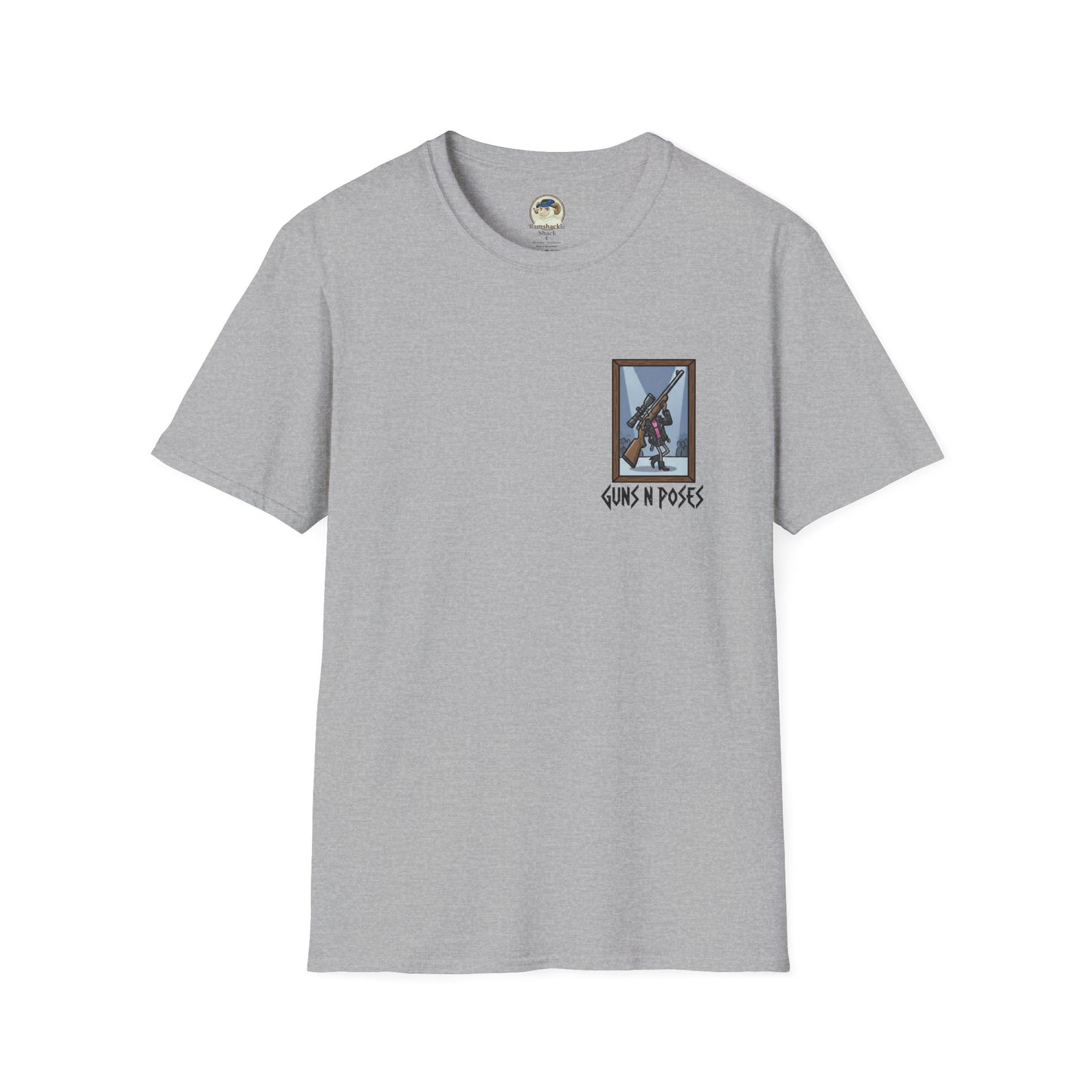 Black T-shirt featuring artwork from "Guns in Poses" gallery, showcasing high-caliber gun illustrations by Printify.