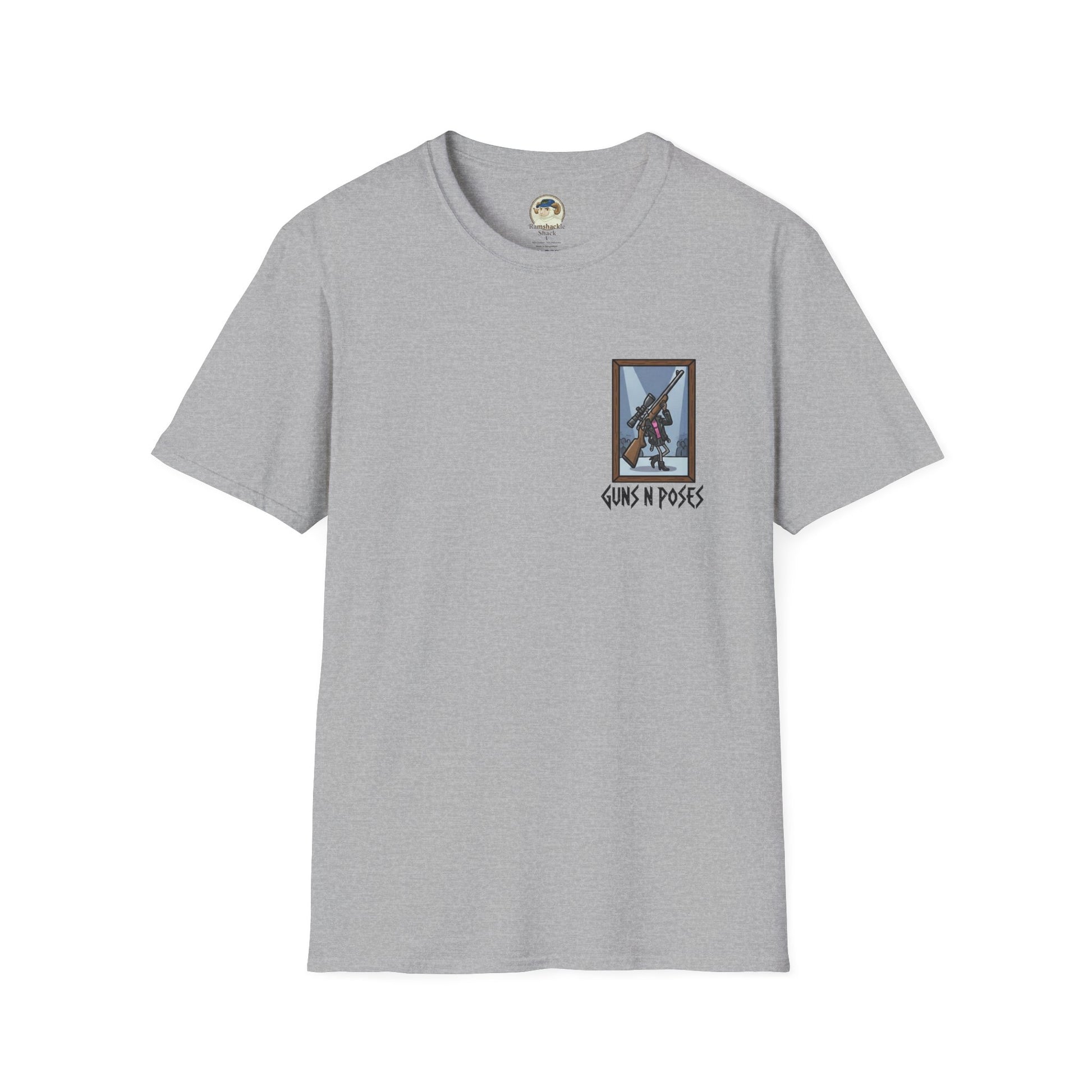 Black T-shirt featuring artwork from "Guns in Poses" gallery, showcasing high-caliber gun illustrations by Printify.