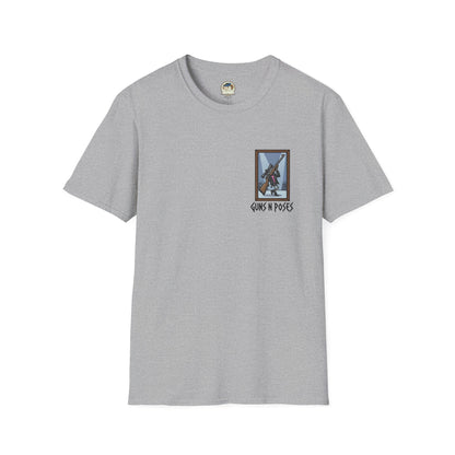 Black T-shirt featuring artwork from "Guns in Poses" gallery, showcasing high-caliber gun illustrations by Printify.