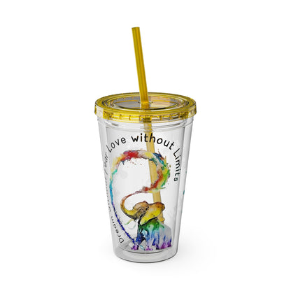 16oz Printify Sunsplash Tumbler with straw featuring watercolor elephant and paint-splatter puzzle designs.