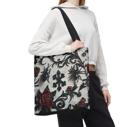 Gothic filigree tote bag by Printify with an ornate dark floral all-over print, showcasing intricate design and spacious bag interior.