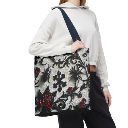 Gothic filigree tote bag with ornate dark floral all-over print, featuring intricate design and spacious bag for everyday use.