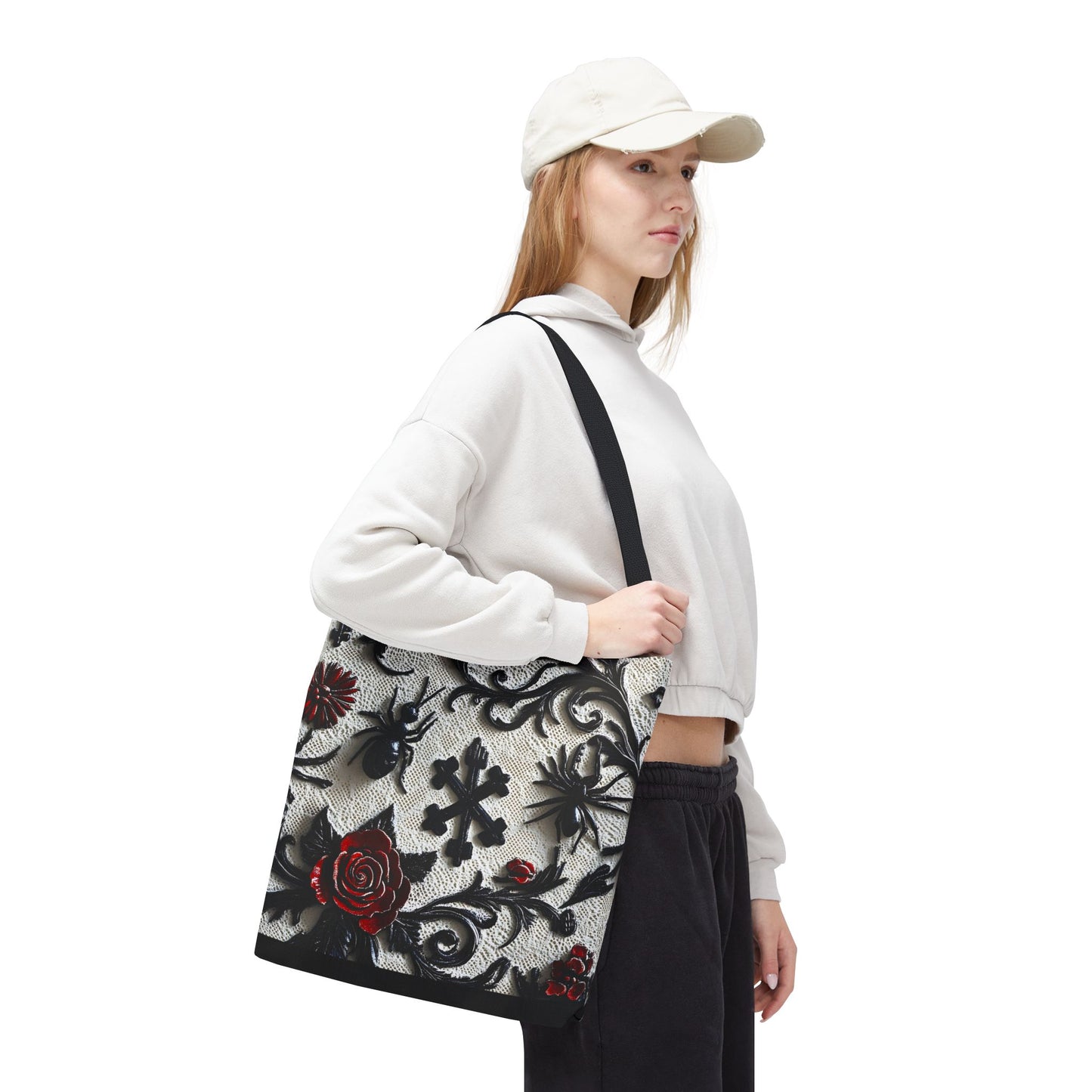 Gothic filigree tote bag with ornate dark floral all-over print, featuring a spacious bag design by Printify.