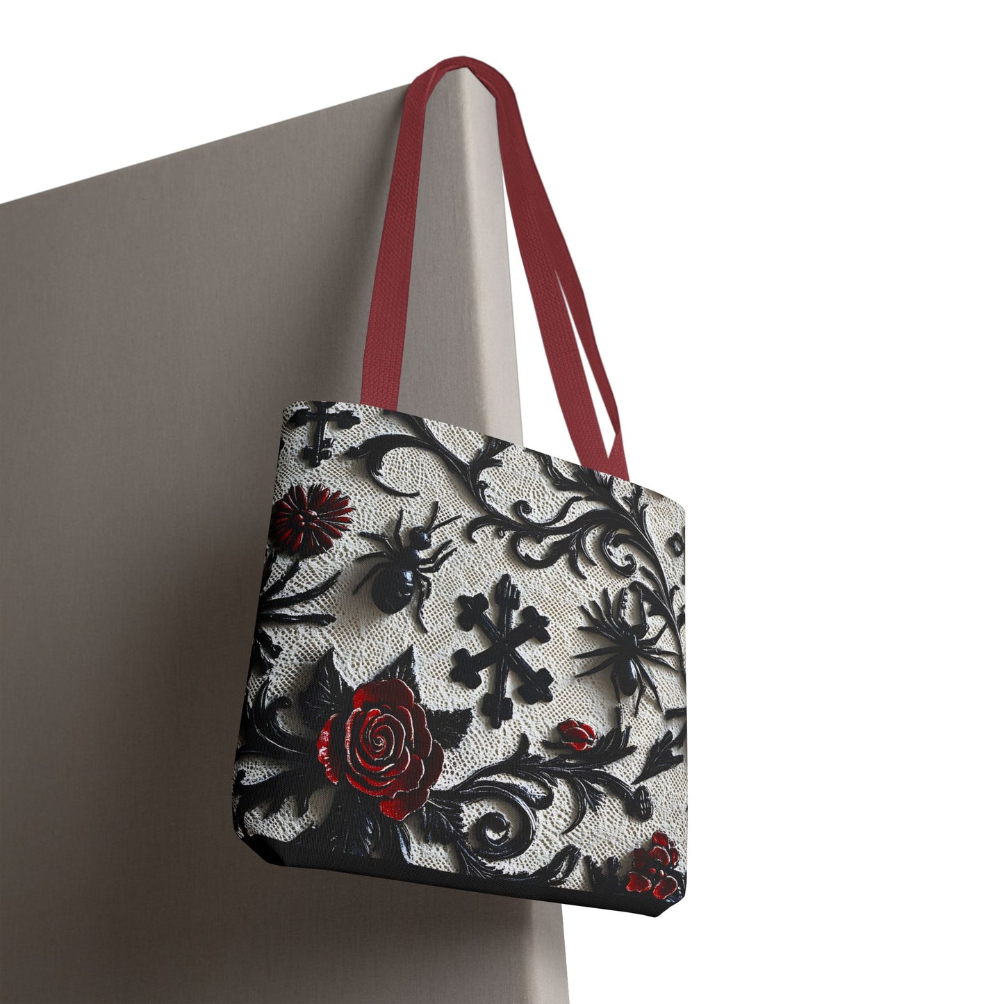 Gothic filigree tote bag with ornate dark floral all-over print, featuring intricate black and purple floral designs on a spacious bag.