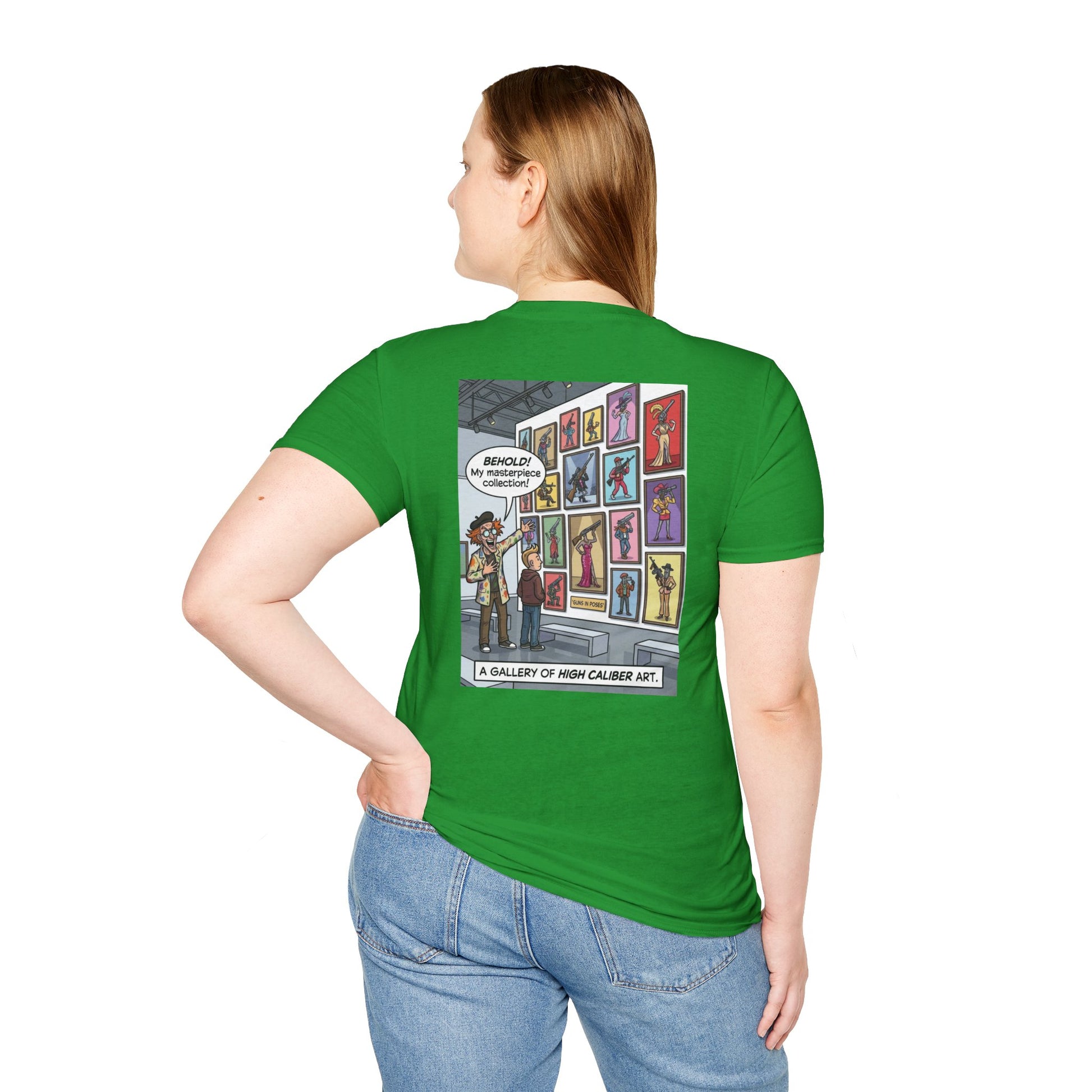 Black t-shirt featuring artwork from "Guns in Poses" gallery, showcasing high-caliber art design by Printify.