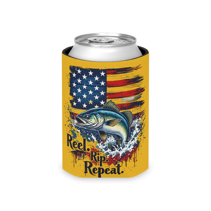 Can Cooler — "Reel, Rip, Repeat" American Flag Jumping Fish - Ramshackle Shack