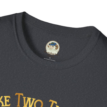 Funny graphic T-shirt from Printify featuring the phrase “I Like Two Things: Titties and Tacos” with taco illustrations.