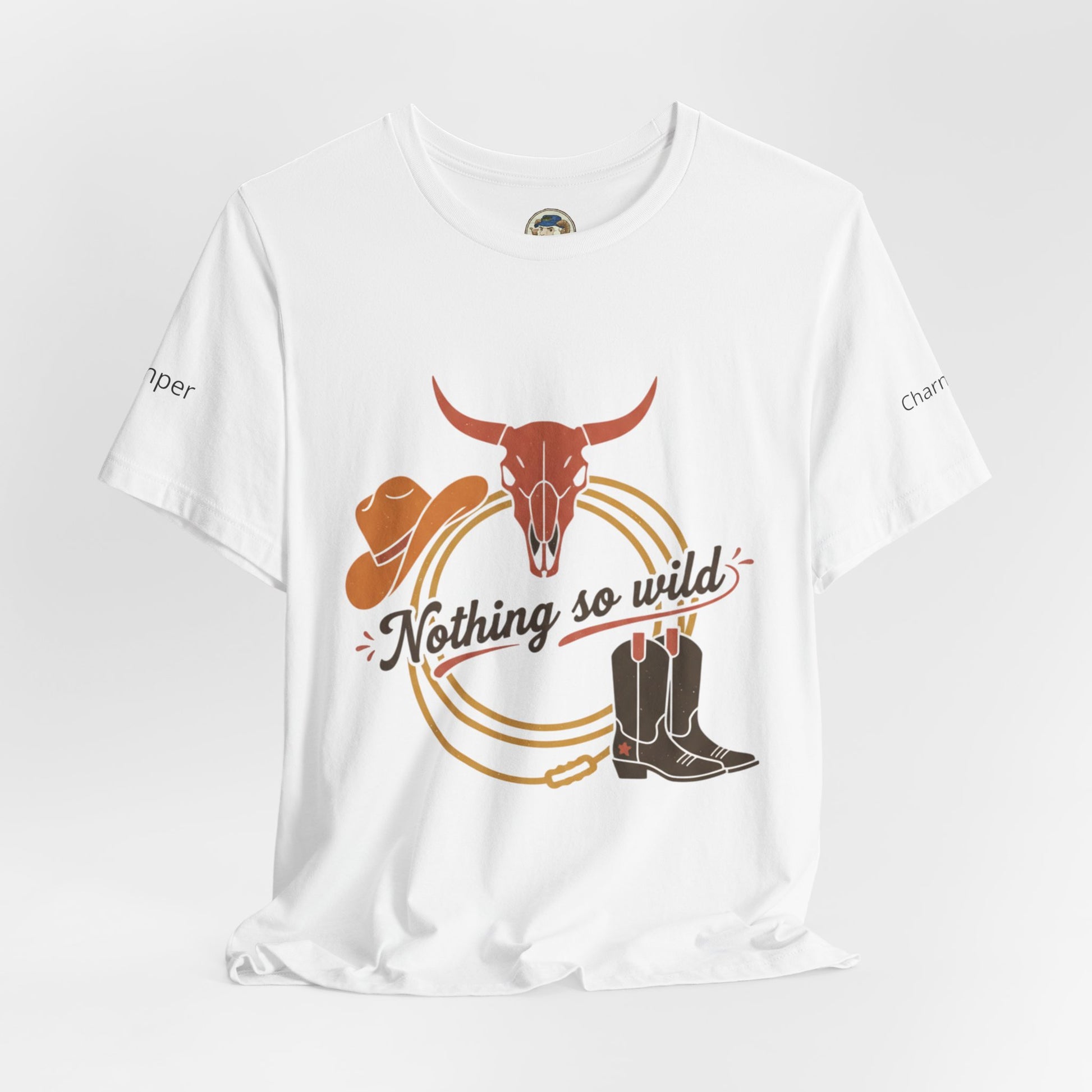 Personalized Nothing So Wild Rider Western Sunset T-Shirt showing a vibrant sunset design on a casual tee.