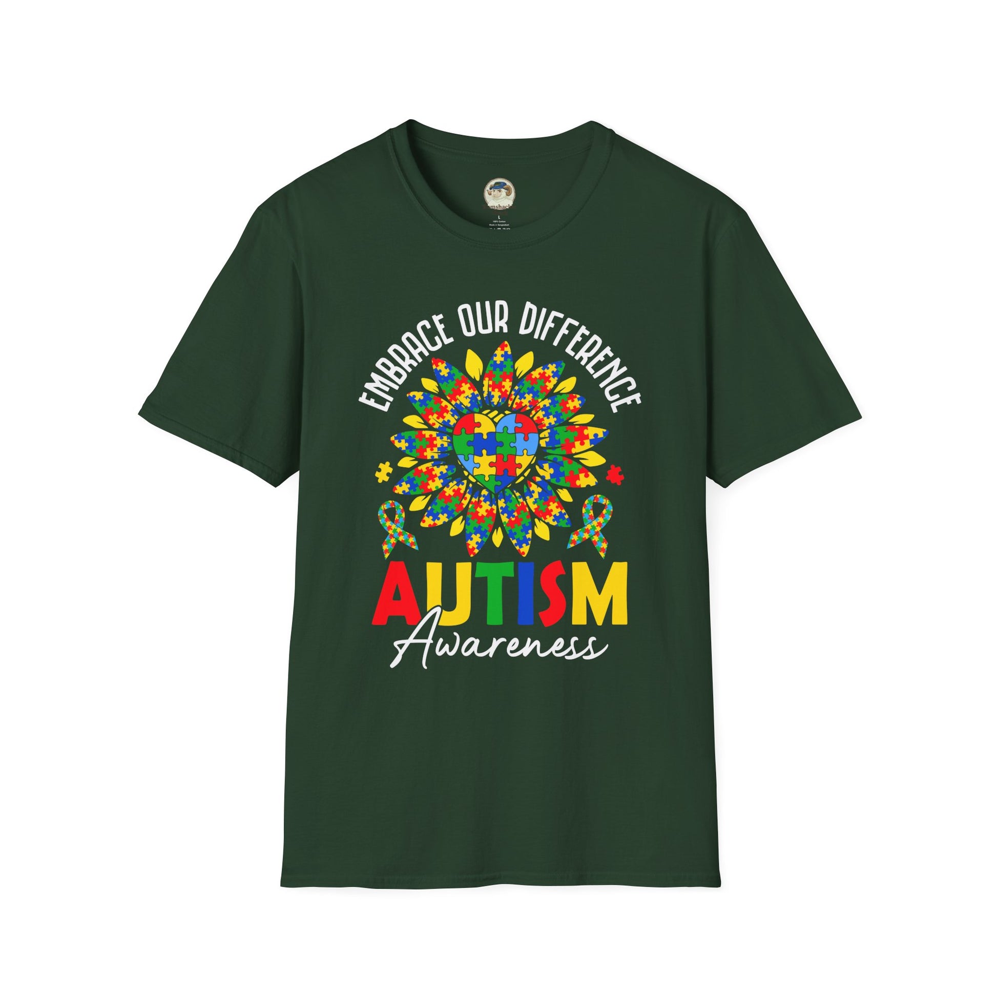 Autism Awareness T-Shirt — "Embrace Our Difference" Puzzle Heart Design - Ramshackle Shack